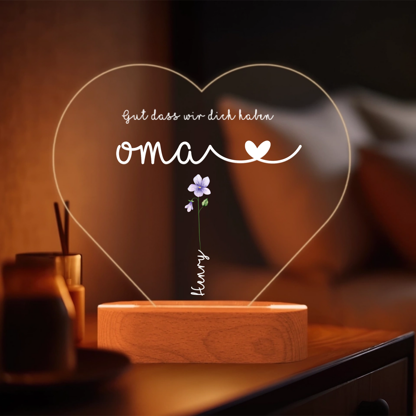 Herz Acryl-Licht "Blumen für Oma" mit Namen mit LED