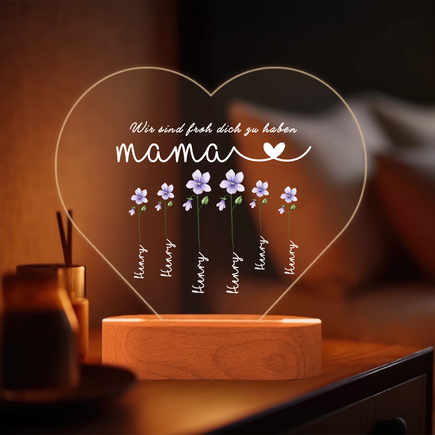Herz Acryl-Licht "Blumen für Mama" mit Namen mit LED